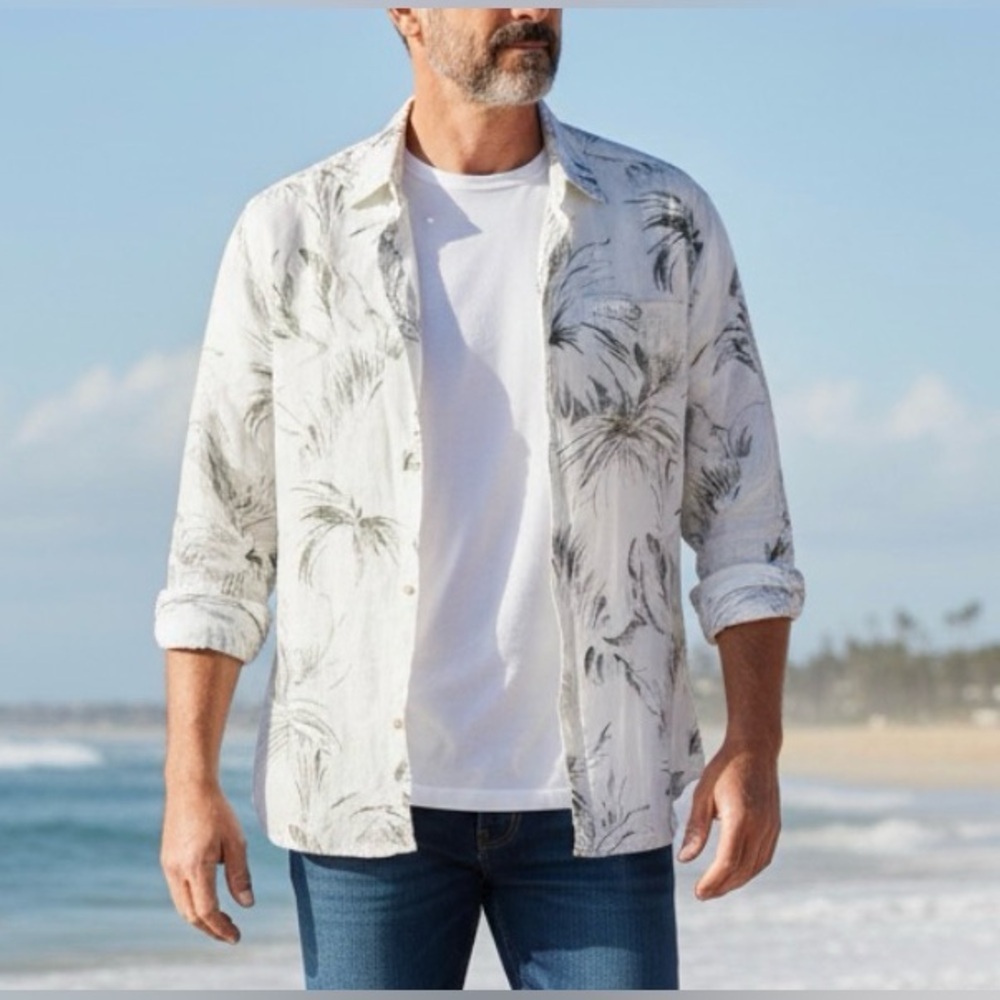 Tommy Bahama Linen Men’s Hawaiian Cruise wear Button Up Shirt Tropical L